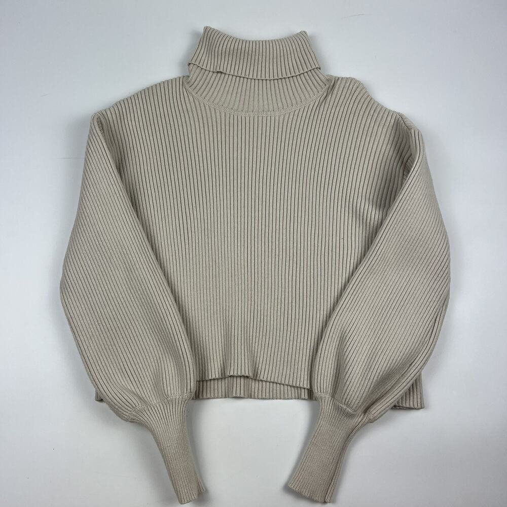 Express Medium Cream Turtle Neck Balloon Sleeve Cropped Ribbed Sweater